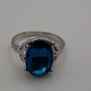 Boho Oval Sapphire Blue Crystal Ring - Silver Plated - Size 8.5